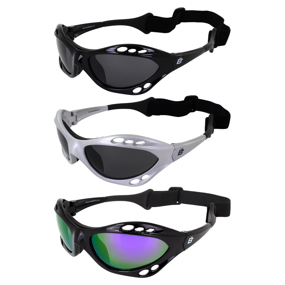 3 Pairs Padded Polarized Sunglasses with Strap, Silver & Black Frames with Smoke Lens & Black Frame with Purple Mirror Lens X88745