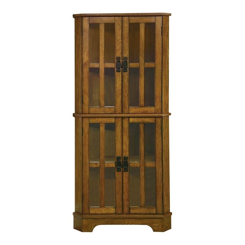 Brown Corner Curio Cabinet with Windowpane Style Door Fronts K23754