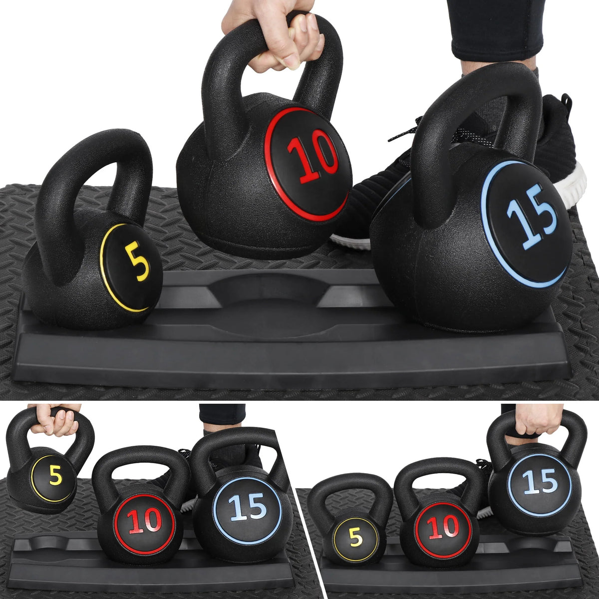 3 Piece 5lb 10lb 15lb Kettlebell Set with Storage Rack T628