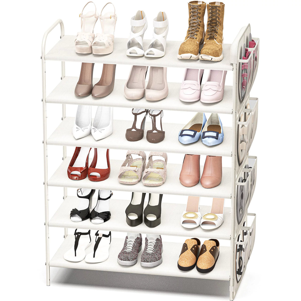 6-Tier Shoe Rack Storage Organizer with Side Hanging Bag, White G75594