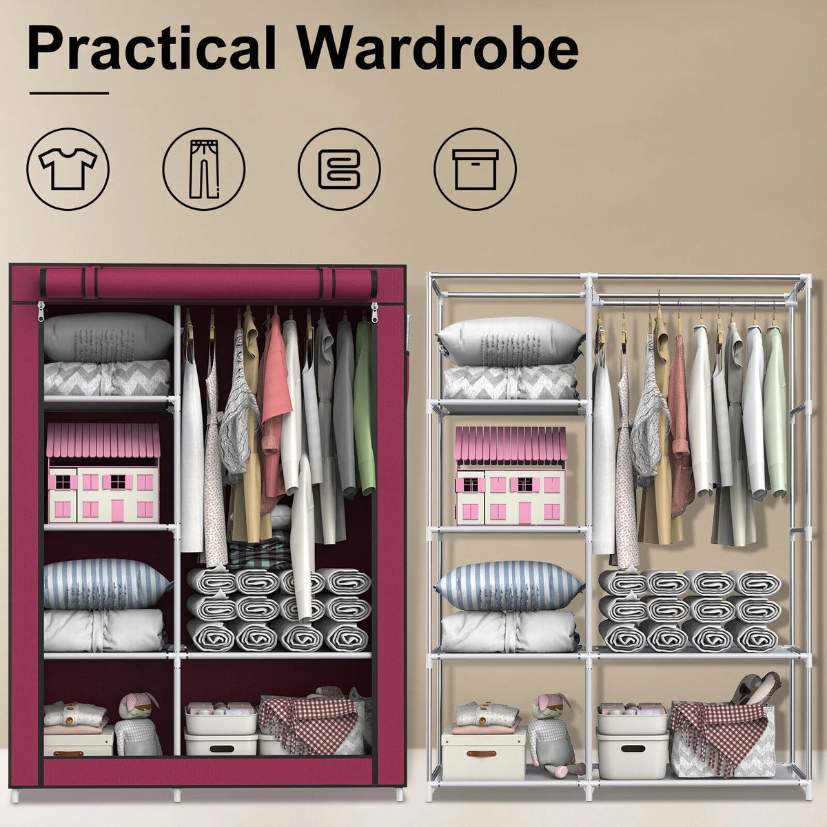 Portable Wardrobe Closet with 5 Storage Shelves and Side Pockets, Red D397