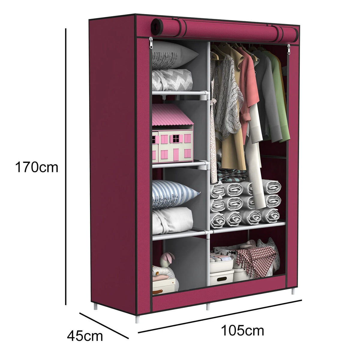 Portable Wardrobe Closet with 5 Storage Shelves and Side Pockets, Red D397