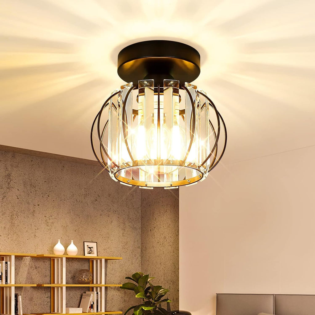 2-Pack Semi Flush Mount Ceiling Light Fixtures Small Crystal Black Metal Cage Indoor R2872